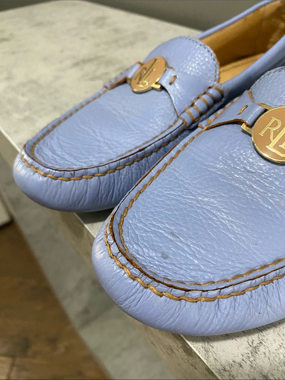 Ralph Lauren Carley Liight Blue Pebbled Leather Loafers with Gold RL Medallion - Picture 8 of 14